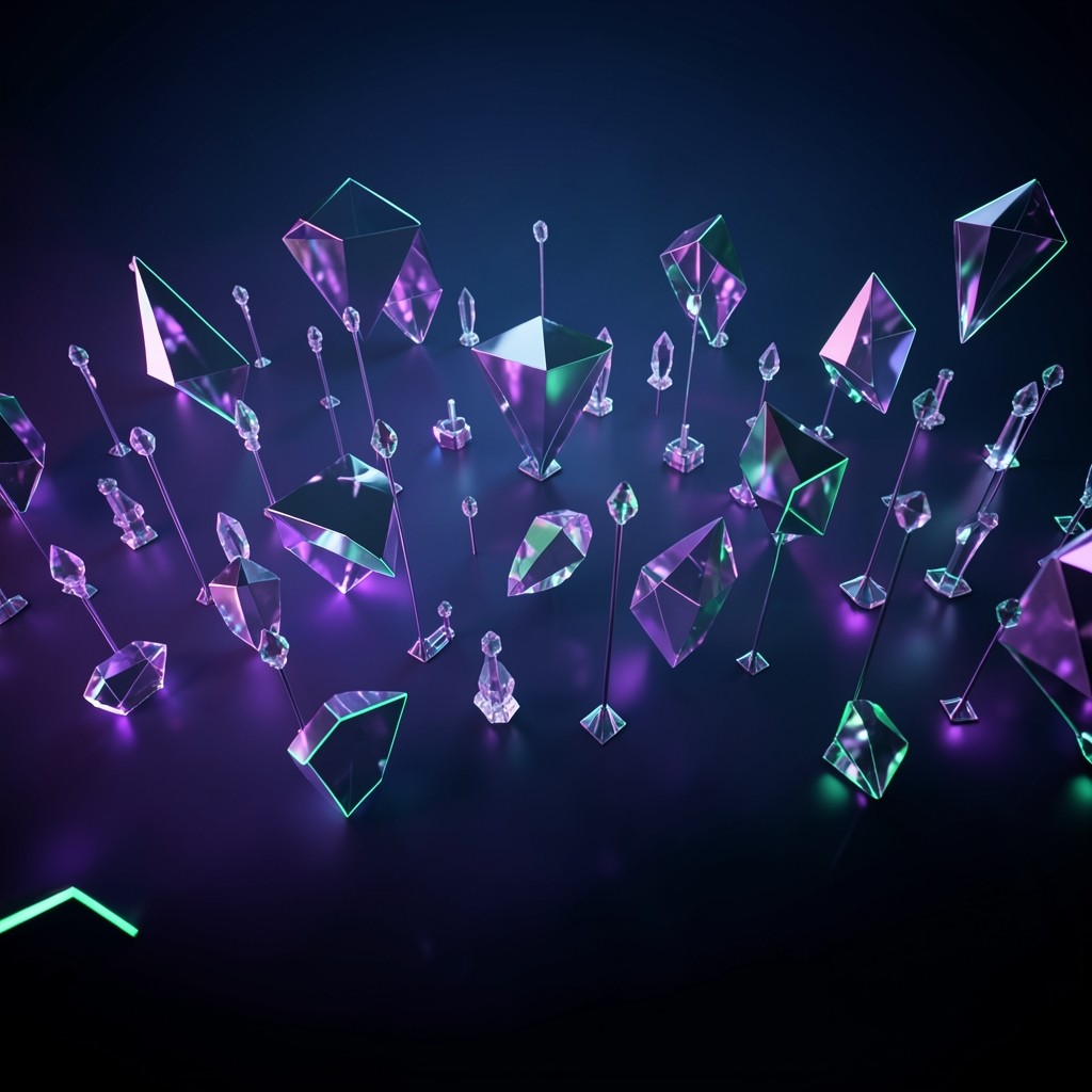 Interactive 3D typography and geometric terminology repository in cyan and purple